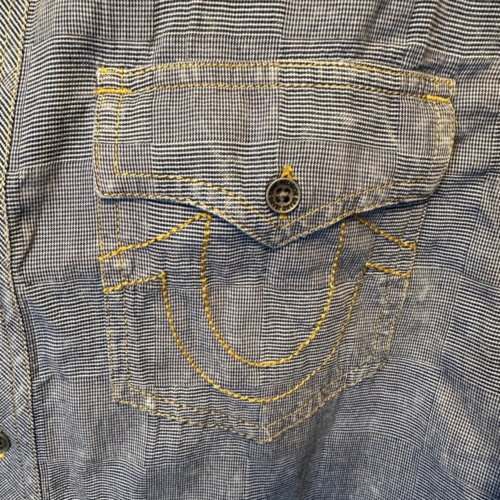 True Religion Size Large Checkerboard Chambray Blue Long Sleeve Western Shirt - Picture 3 of 10